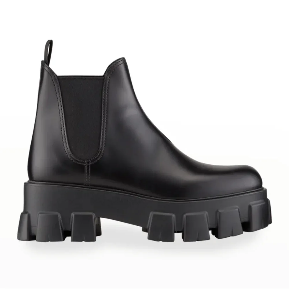 Prada Black Leather Chunky Lug-Sole Chelsea Ankle Boots - Picture 3 of 10